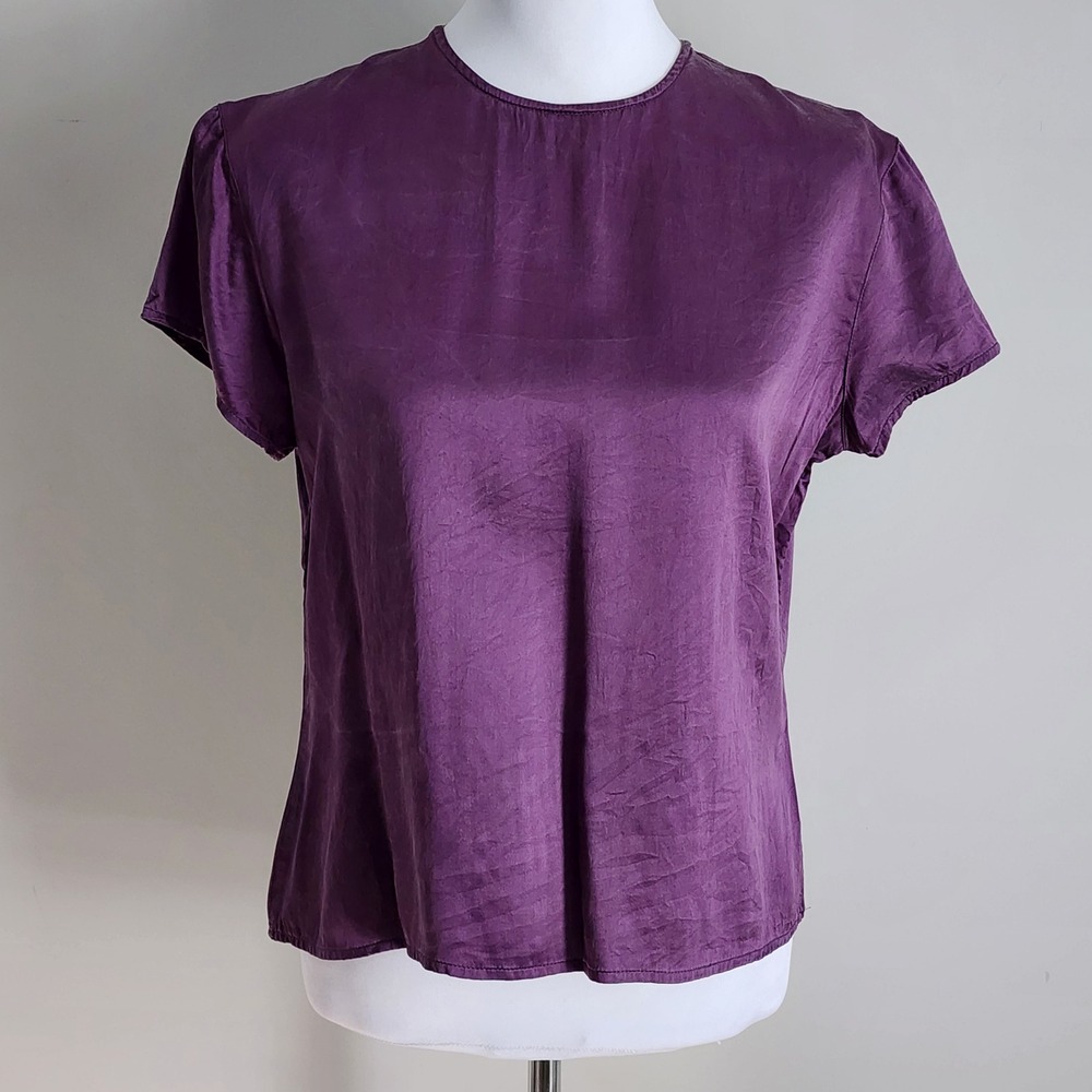Alfred Sung 100% Silk Blouse Top Womens 10 Purple Short Sleeve Crew Neck Luxury